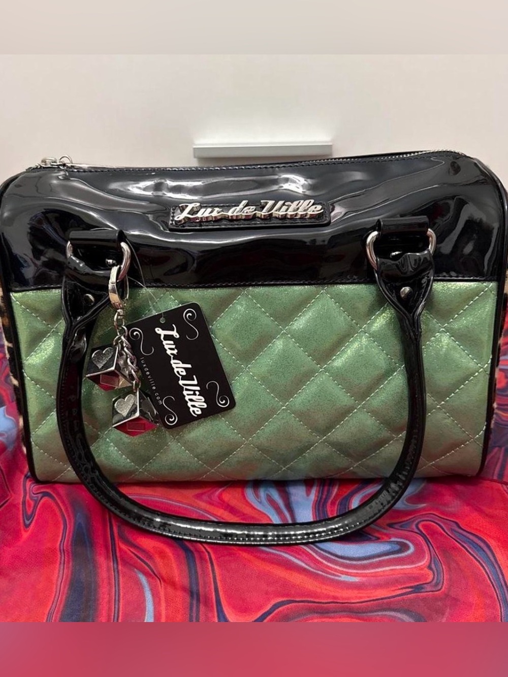 NWT Lux de Ville Green Glitter Quilted Leopard Bowler Satchel Bag